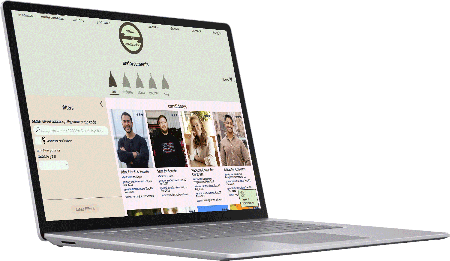 Public Arts Commission endorsements desktop mockup